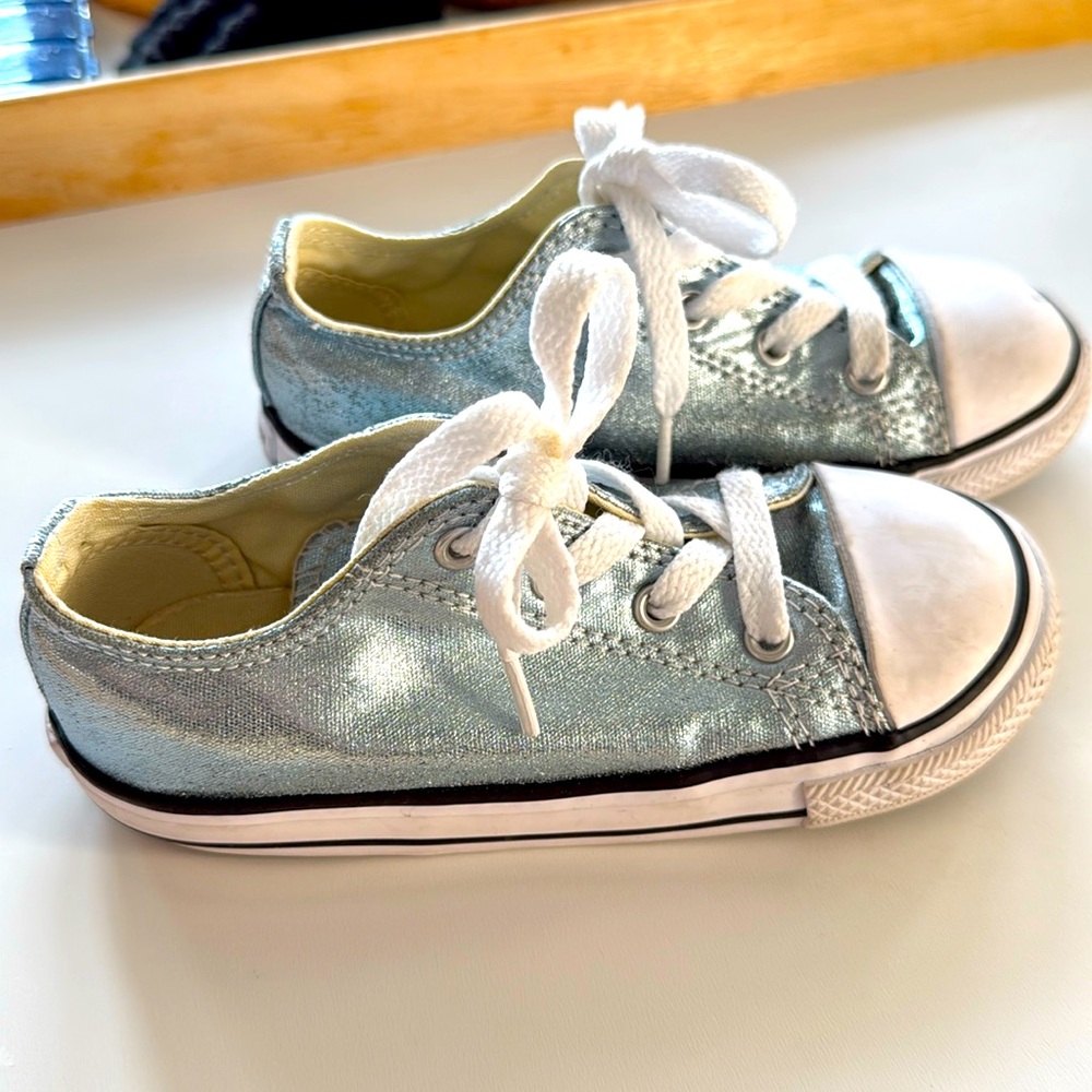 CONVERSE Girl's All Star Dainty Ox Metallic Sky Blue Sneakers - 10